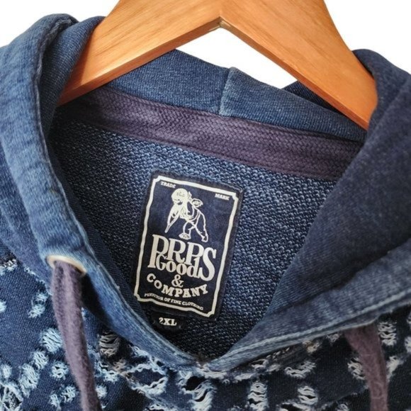 PRPS Goods Indigo Blue Distressed Hooded Sweatshirt 2XL Kangaroo Pocket Slim aci - Picture 10 of 16